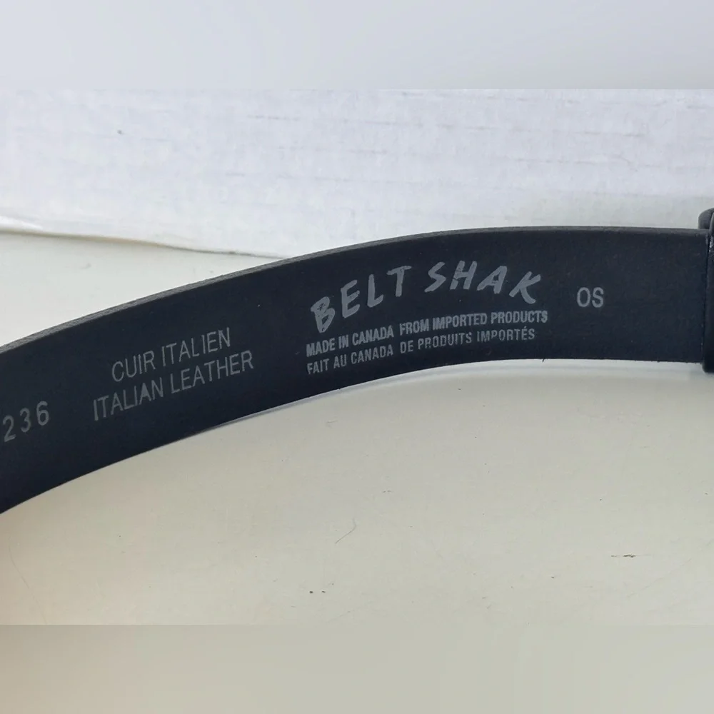 Belt Shak Black Italian Leather Slide Belt Silver Tone Weave Buckle
